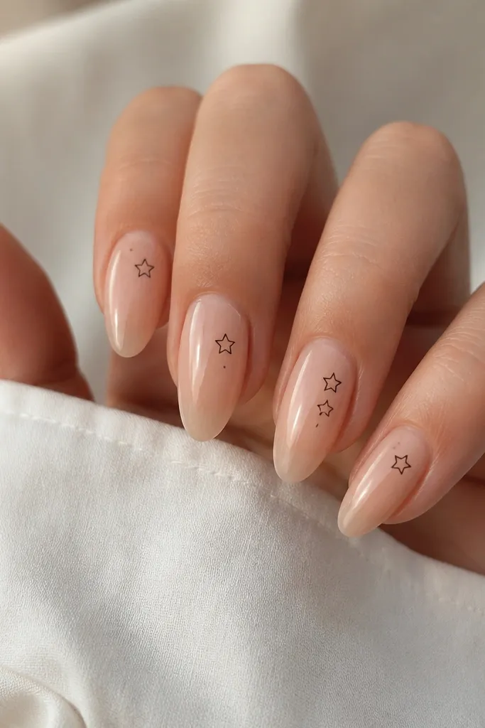 Almond nails with a sheer nude base and glossy top coat. Each nail has one or two tiny black outline stars drawn near the upper third, with clean thin lines and a few micro dots for spacing.