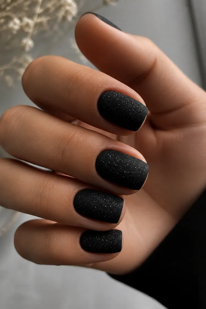 Short squoval nails in deep matte black. Over the matte surface, there are scattered micro silver specks like tiny glitter dust, unevenly placed for a natural stardust effect.