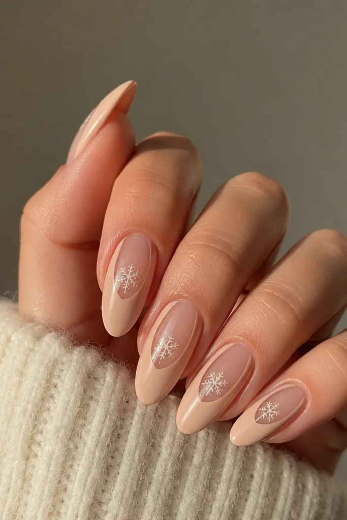Long almond nails with a nude base, clear negative-space panels near the center, and a small white snowflake drawn on each nail in the negative area.