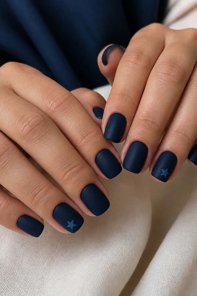 Short squoval nails in deep midnight blue with a soft matte finish; one nail on each hand has a small glossy star in lighter blue near the tip.