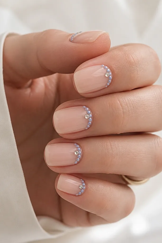 Short squoval nails with a nude sheer base and a curved line of small blue pearls and one tiny crystal just above the cuticle line.