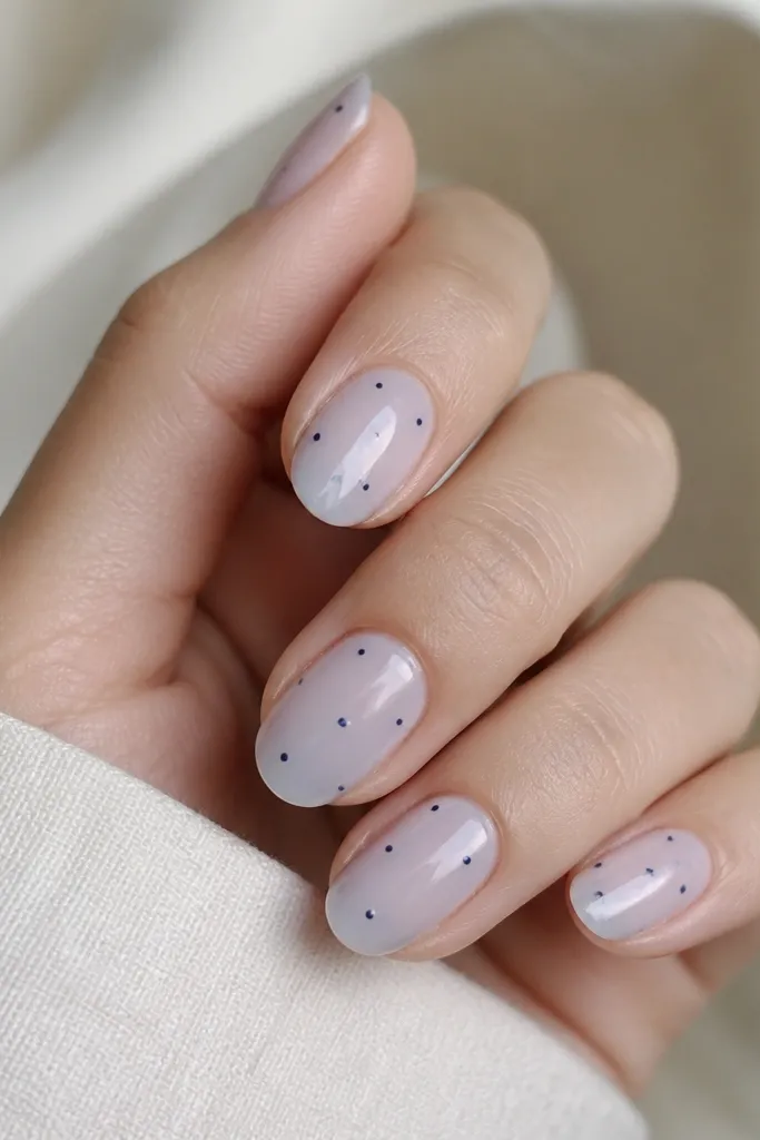 Short almond nails with a milky pink base tinted slightly blue, with tiny dark navy dots in a scattered pattern on each nail.