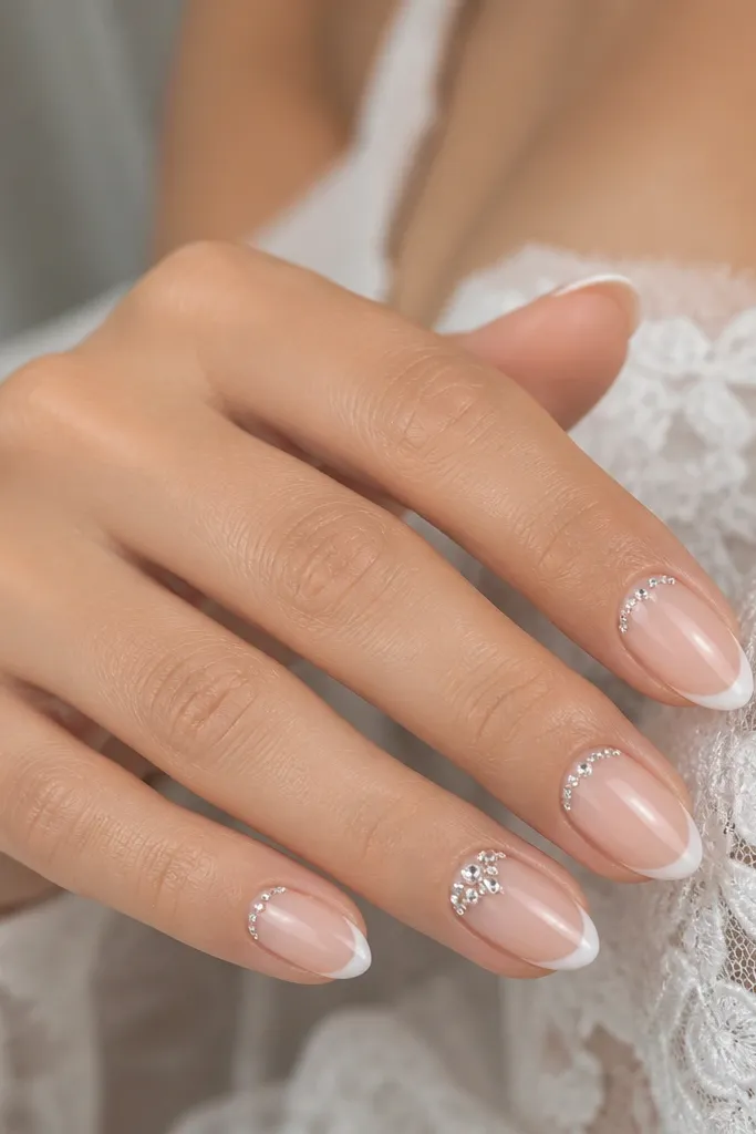 Close-up of a bride's hand with short-to-medium almond extensions. The base is sheer rose. The tips are thin classic French in milky white. A single line of tiny clear rhinestones sits right along the cuticle on each nail, with one rhinestone cluster on the ring finger.