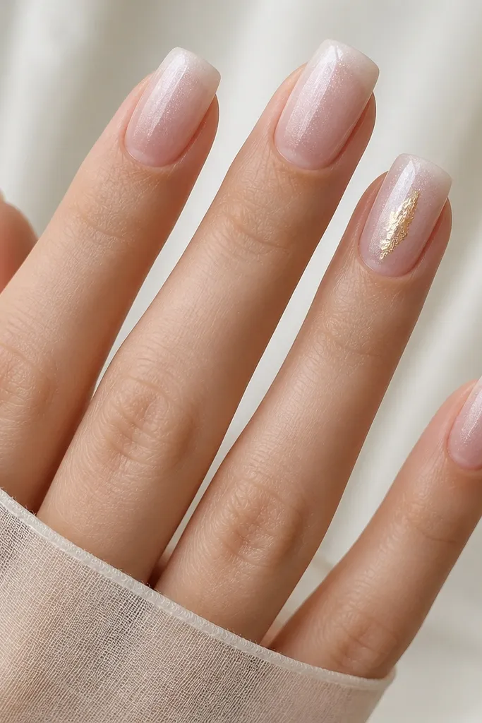 Medium soft square extensions in a sheer nude base. The color fades from the cuticle into a pale pearly shimmer, like an ombré. Every nail has a subtle pearl dust glow. The ring finger has a small curved patch of warm gold foil near the center, with no other foil on the rest.