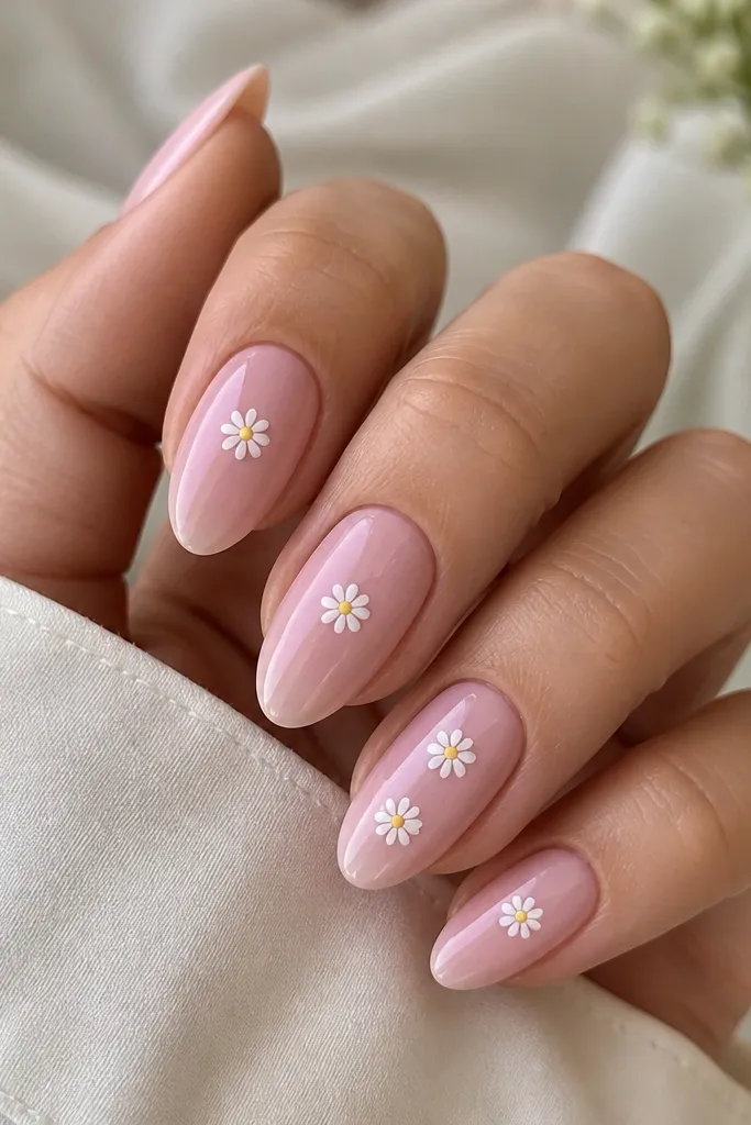Short almond extensions on a soft pink base. Each nail has one tiny hand-painted daisy near the center, with white petals and a small yellow dot center. The ring finger has two daisies. The rest of the nail stays clean and glossy.