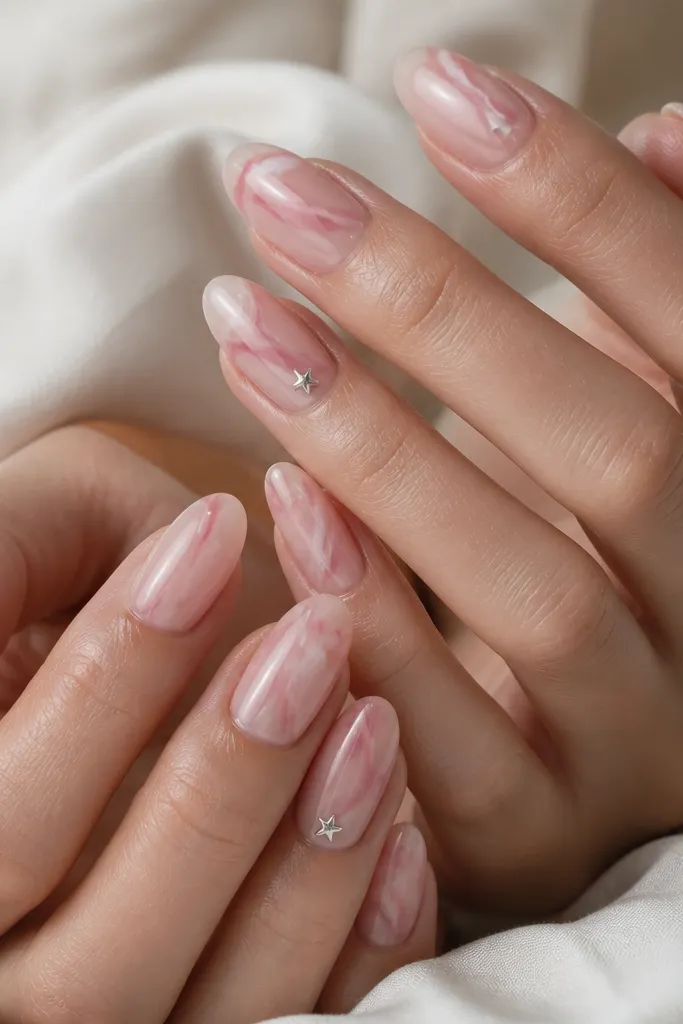 Medium almond extensions with a clear glossy base. Over it, there are soft blush marble swipes in pale pink and dusty rose, like watercolor streaks. Each ring finger has a single tiny star charm (flat, silver) near the cuticle.