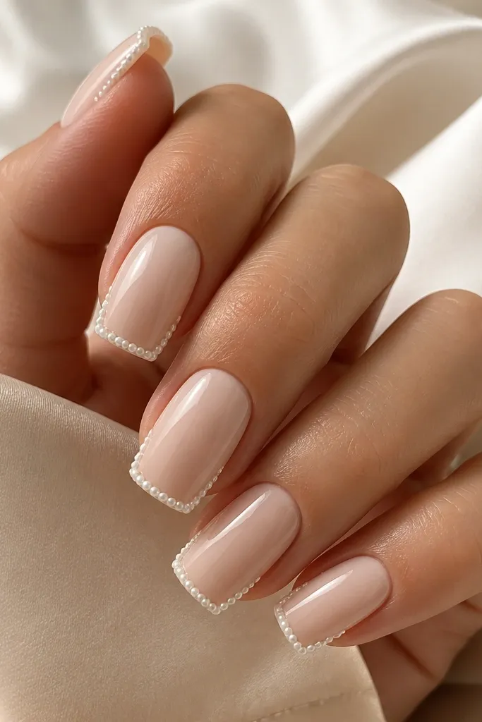 Soft square extensions in a creamy nude. The tips have a thin border made of tiny pearly bead-like dots, forming a subtle frame along the outer edge of each nail. The rest of the nail is smooth and glossy.