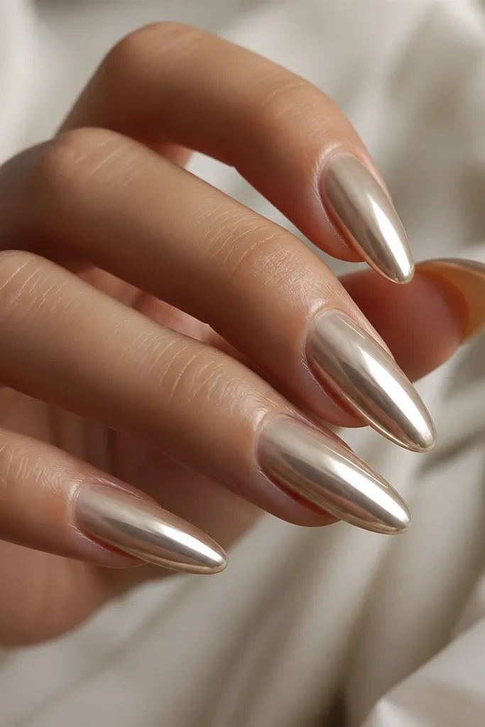 Almond extensions with a champagne chrome finish across the entire nail. The cuticle area has a softer, slightly lighter glow, almost like it fades out from the base. There are no gems or patterns, just smooth mirror-like shine.
