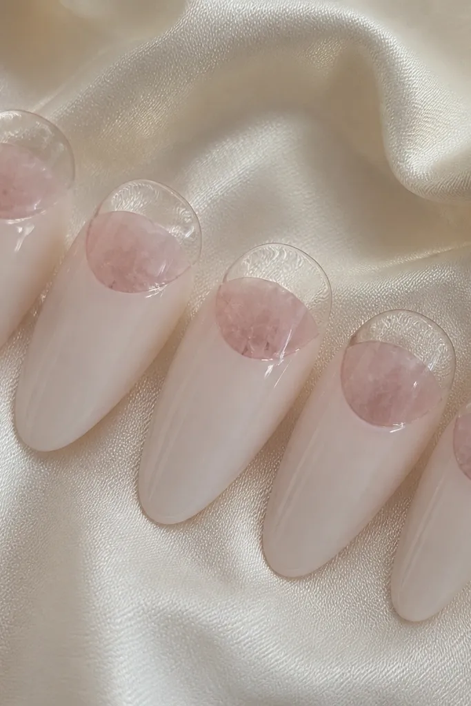 Medium almond extensions with a sheer nude base that leaves a clear half-moon near the cuticle. The half-moon area has rose quartz marbling in pale pink and translucent white. The rest of each nail is clean and glossy with no gems.