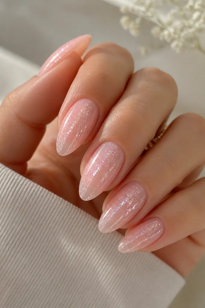 Almond extensions with a sheer soft pink base. There's a glitter fade starting mid-nail and thinning toward the tip, with fine pink shimmer rather than chunky glitter. The final look is pearlized and glossy, with sparkle concentrated on the center and upper half.