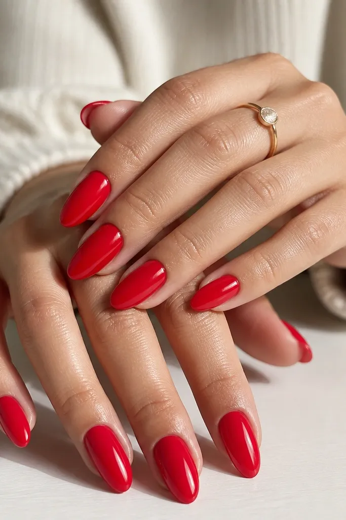 Ten almond nails painted a uniform bright blue-red, with a glassy mirror shine. The nails are medium length, sidewalls are smooth, and each nail reflects light like a polished car hood.