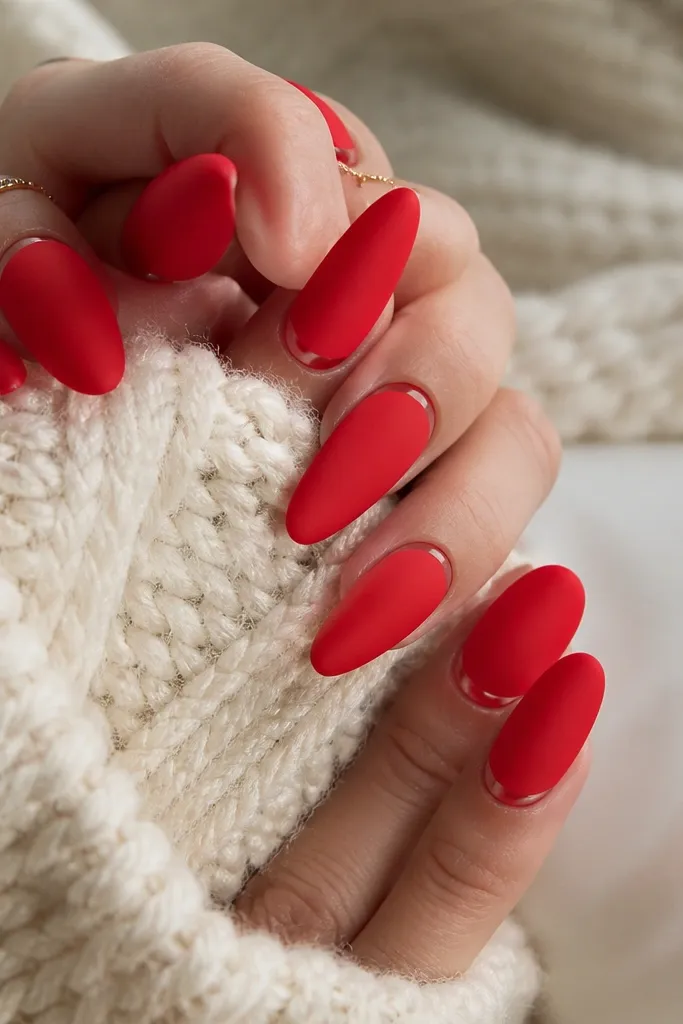 Almond nails painted matte bright red. Around each cuticle, there's a thin glossy crescent arc in the same color that catches light, creating a contrast ring effect under the matte surface.