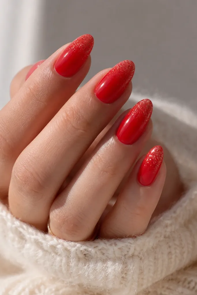 Almond nails painted bright red, with the tips covered in fine clear micro-glitter. The glitter is concentrated at the very end and fades slightly upward, like a soft ombre shine.