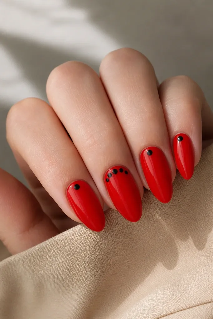 Almond nails painted bright red with tiny black dots clustered near the cuticle on two nails and scattered singly on the others. The dots are uniform size and sit close to the base, with glossy finish.