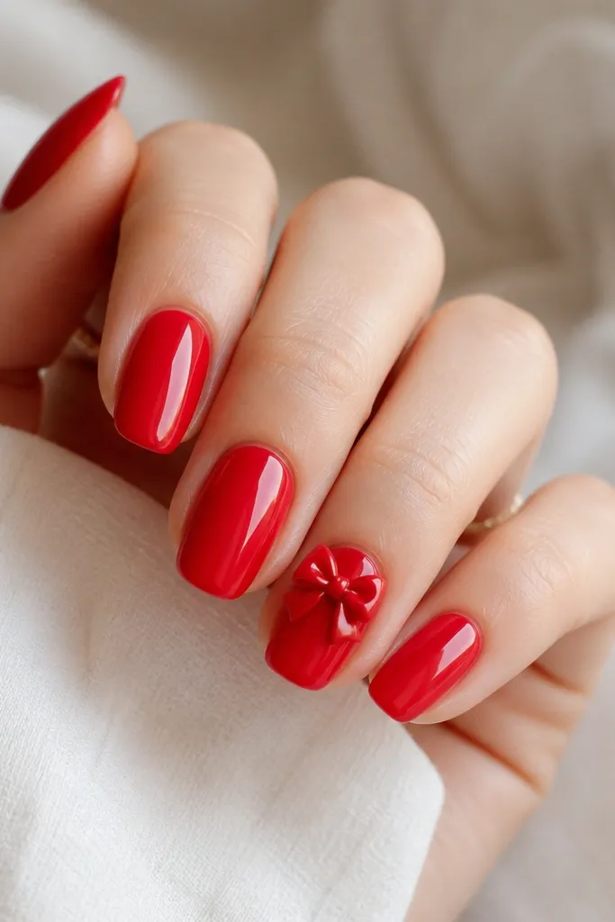 Most nails are glossy bright red. One accent nail has a 3D bow made from glossy red gel, with a tiny highlight and raised center. The bow sits near the cuticle on the accent nail.