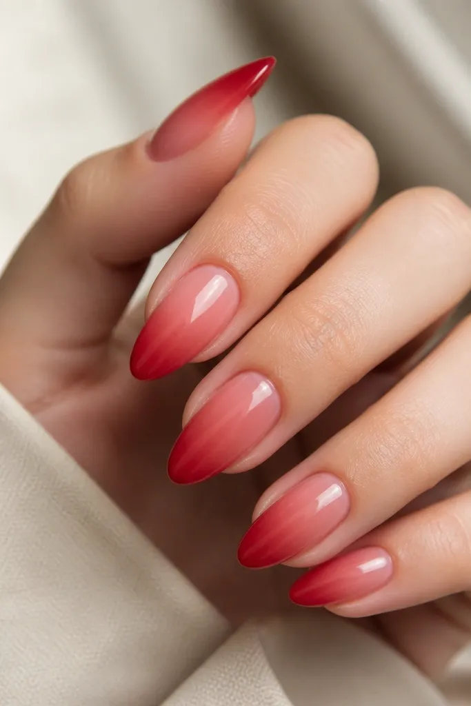 Almond nails with a smoky gradient: the tips are bright red and fade into a softer rose-pink near the cuticle. The transition is smooth and slightly hazy, with glossy topcoat.