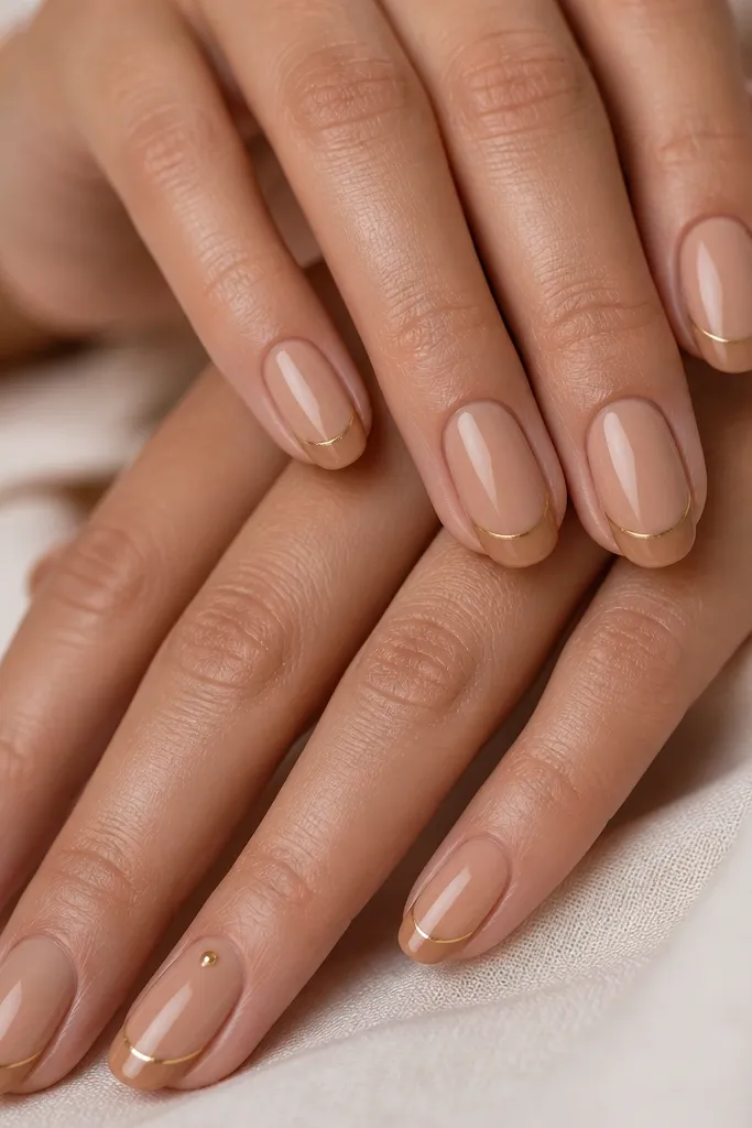 Ten nails in a warm caramel nude base. The smile line is a crisp caramel French, and the tips have a very thin gold strip running along the very edge. One accent nail has a tiny gold dot at the cuticle.