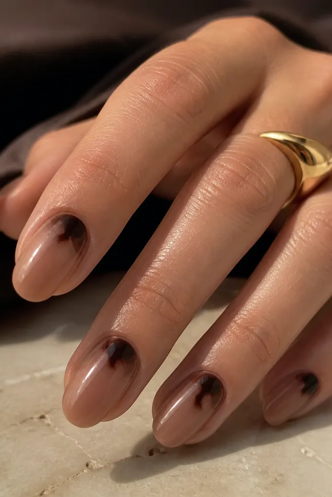 A sheer clear brown nude base with translucent glow. On each nail, a half-moon at the cuticle is painted espresso. Over the half-moon, a small espresso swirl curves outward like a tiny flame, with a soft blur at the edges.