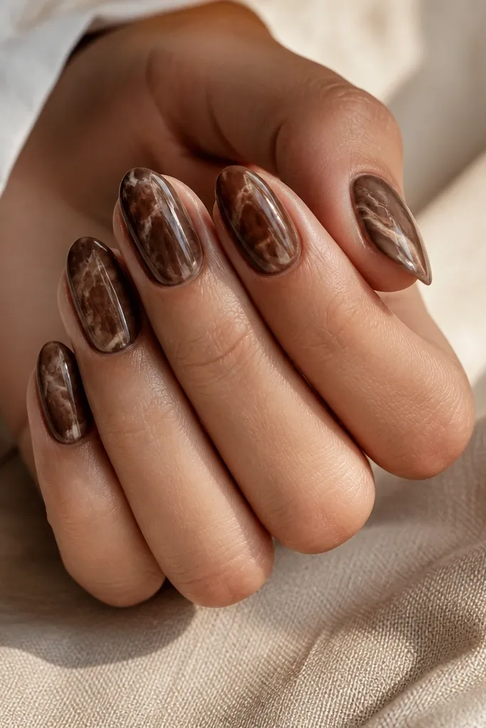 Mocha brown marble across each nail with soft, cloud-like swirls. Thin latte-beige veins run through the marble like coffee crema. The background has a subtle dimensional sheen under a glossy top coat.