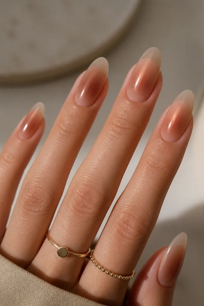 A soft aura effect in warm brown around the center of each nail. The center glows with a coppery halo, and the edges fade into a sheer nude base. The overall look is smooth with a glossy finish.