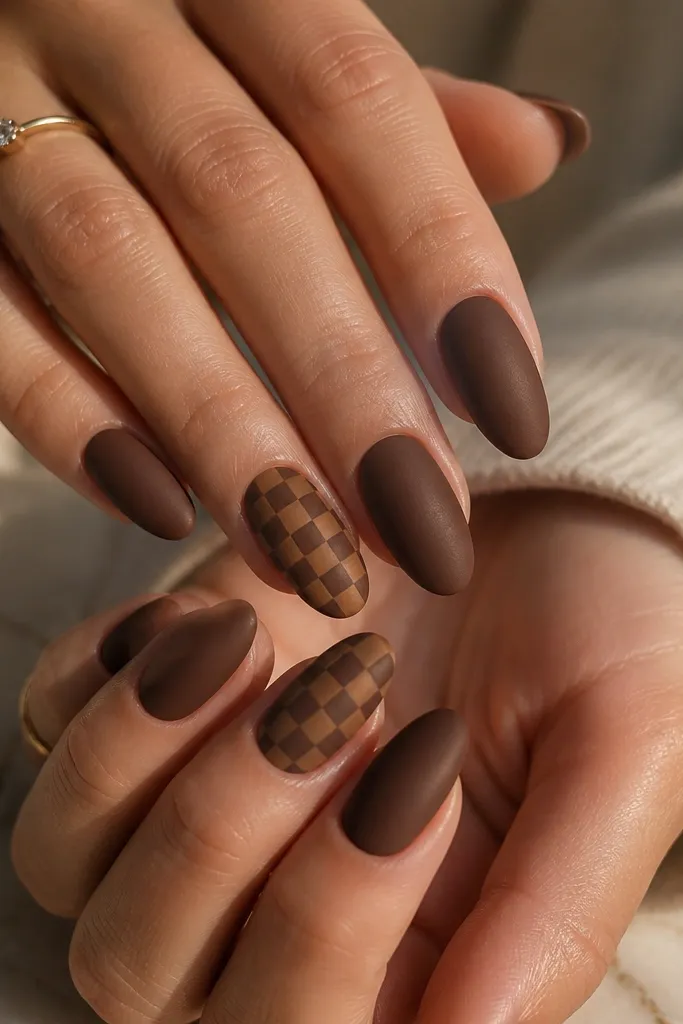 Most nails are a smooth caramel nude in matte finish. Two accent nails have a small checkered pattern in caramel and warm beige near the tips, with crisp square lines. The accent squares are evenly spaced and slightly raised under the top coat.