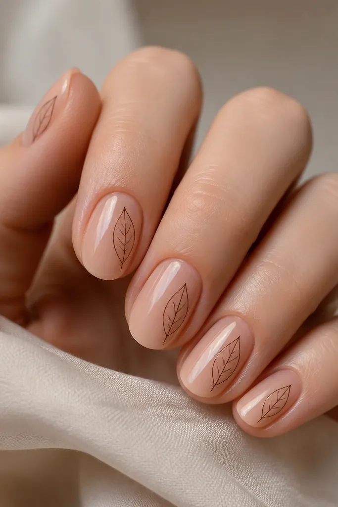 A nude base with a glossy finish. Each nail has a single leaf outline drawn in espresso brown near the sidewall or center, with a thin line and a few short veins. The leaf is not filled in, just outlined.
