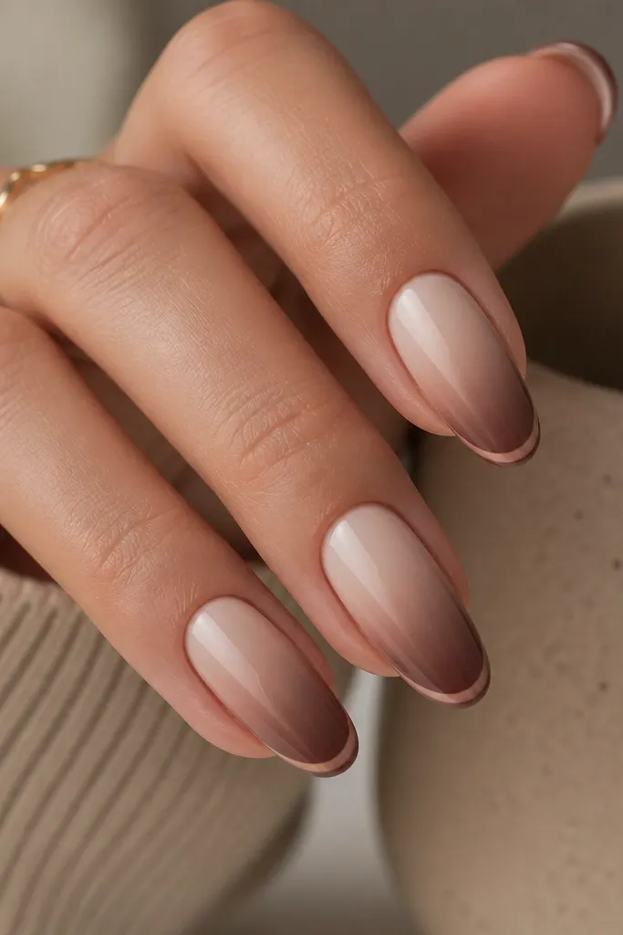 A smooth ombré that starts milky at the cuticle and fades into mocha brown toward the tip. Along the very edge of the tip, there's a thin rose-taupe line. The ombré is soft and blended, with a glossy finish.