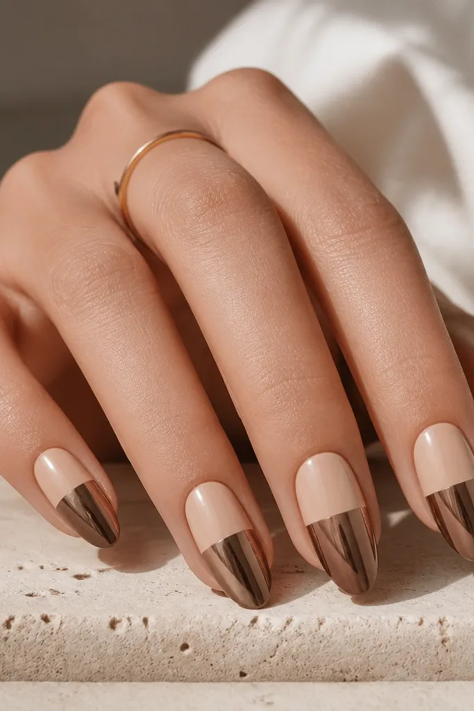A nude almond base with a glossy top coat. On each nail, the lower half is brushed with brown chrome powder that creates a mirror-like half-sheen. The top half stays nude and shiny, with a clean horizontal break line.