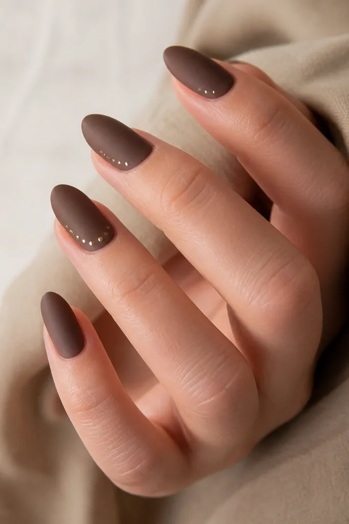 All nails are a satin, non-gloss cocoa brown. On two nails, there are tiny gold studs placed near the cuticle in a diagonal line. The studs are small and evenly spaced, and the satin finish makes the color look soft.