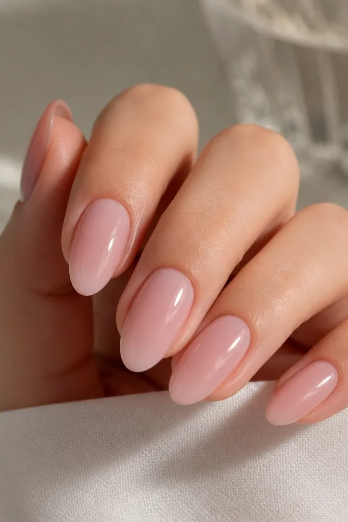 A set of short-to-medium almond nails in a milky rose pink. The nails look evenly filled with a smooth, glassy shine. No nail art, just a clean gradient-free milky base and crisp almond sidewalls.