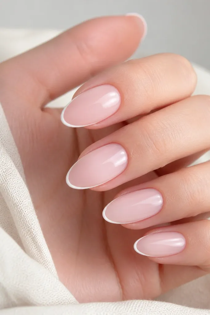 Almond nails with a milky pink base. The tips have a super thin white French line about 1mm thick, with the rest of the tip staying milky. The smile line is slightly curved and very clean.