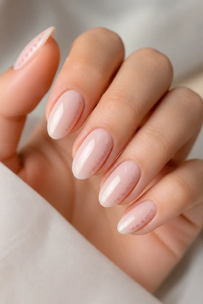 Milky pink almond nails with a tiny cluster of blush dots placed near the outer sidewall of each nail. The dots are small and evenly spaced, with a soft gradient of dot sizes. Everything is glossy and clean.