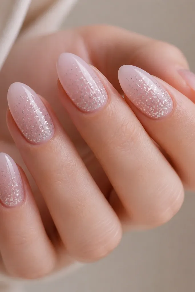 Milky rose pink almond nails with scattered tiny silver foil flecks concentrated near the cuticle and mid-nail. The flecks look like crushed metal dust, not big chunks. The rest of the nail stays milky and glossy.