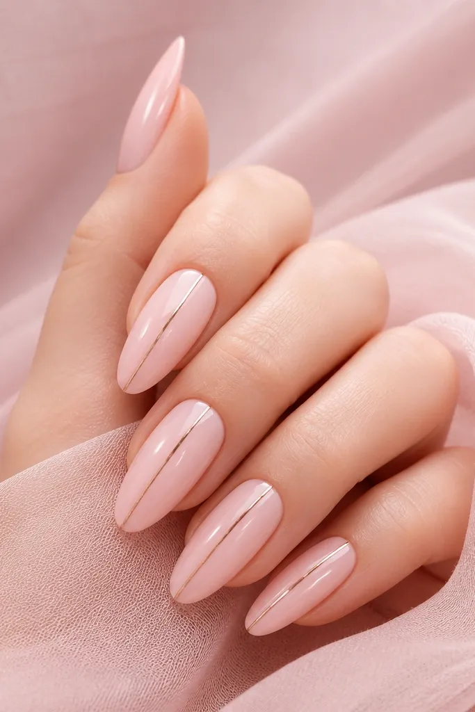 Milky pink almond nails with a single thin rose-gold line running vertically from near the cuticle to the tip. The line is straight and centered on each nail, with a mirror-like shine. Background stays soft milky pink.