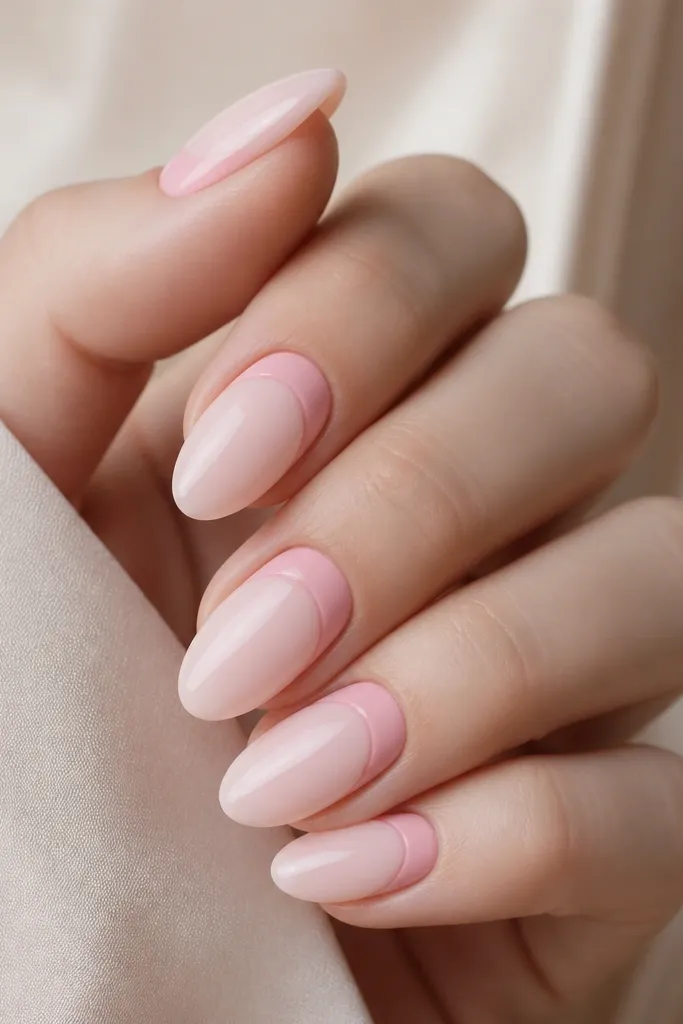 Milky pink almond nails with a diagonal half-moon accent at the base. The accent is a slightly deeper baby pink than the rest of the nail and sits near the cuticle on one side. The line is smooth and glossy.