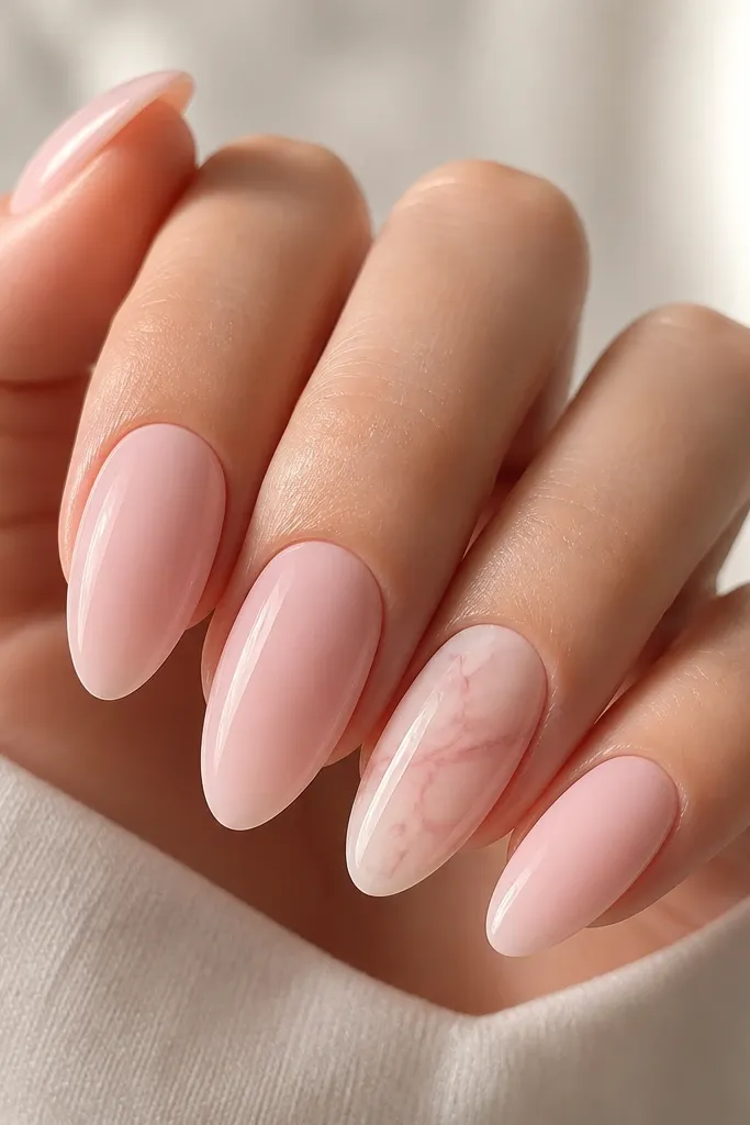 Four nails are solid milky pink almond with glossy finish. One accent nail has a soft nude blush marble smear near the middle, with thin cloudy swirls in a slightly darker nude pink. The marble looks airy, not opaque.