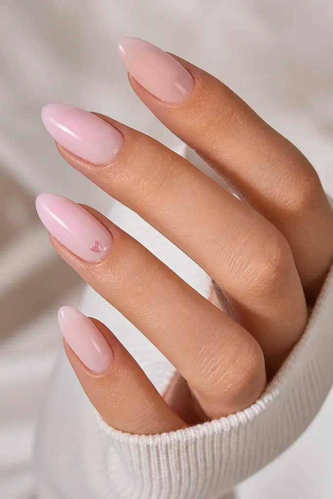 Milky pink almond nails with a single tiny heart on the ring finger. The heart is in a light deeper pink, outlined or filled lightly, and sits just above the cuticle area. Other nails stay plain milky pink, glossy.