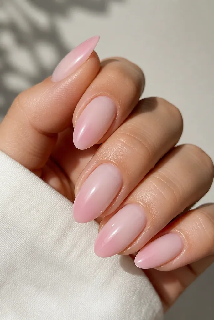 Milky pink almond nails with a soft blush gradient only on the top half of the nail tip. The base stays milky, and the tip fades into a slightly deeper pink toward the very edge. Smooth, glossy finish with no harsh lines.