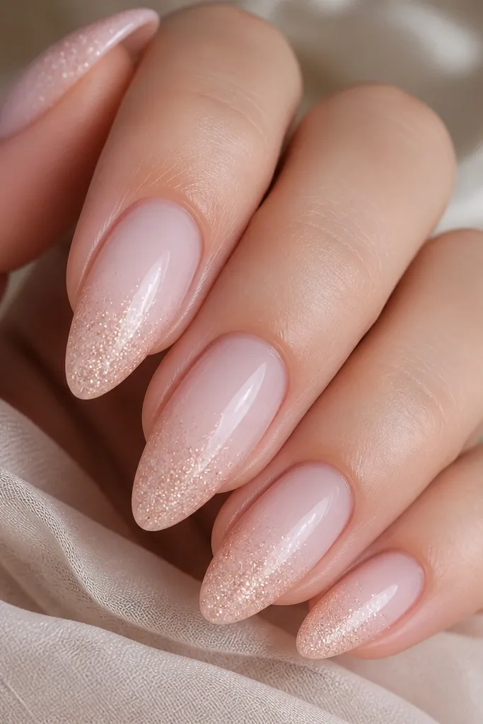 Milky pink almond nails with a fine nude micro-glitter dust concentrated at the tips. The glitter fades out toward the middle, leaving the base mostly clear milky pink. The shine looks like sugar under light.