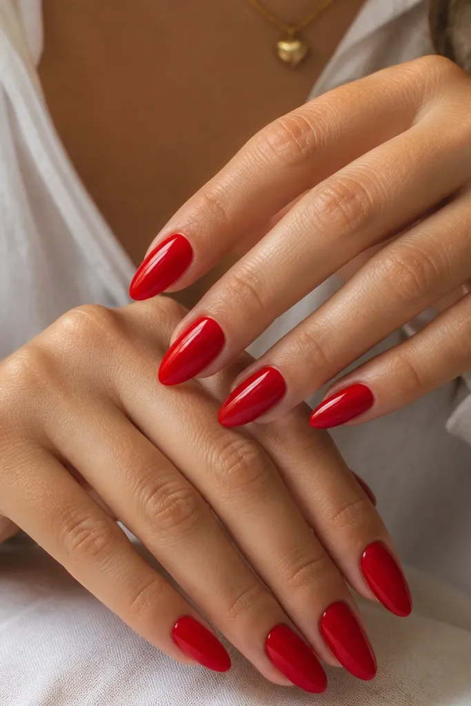 Hands with medium-length almond nails painted a uniform cherry red gel gloss; clean cuticle line, mirror-like shine, no art.