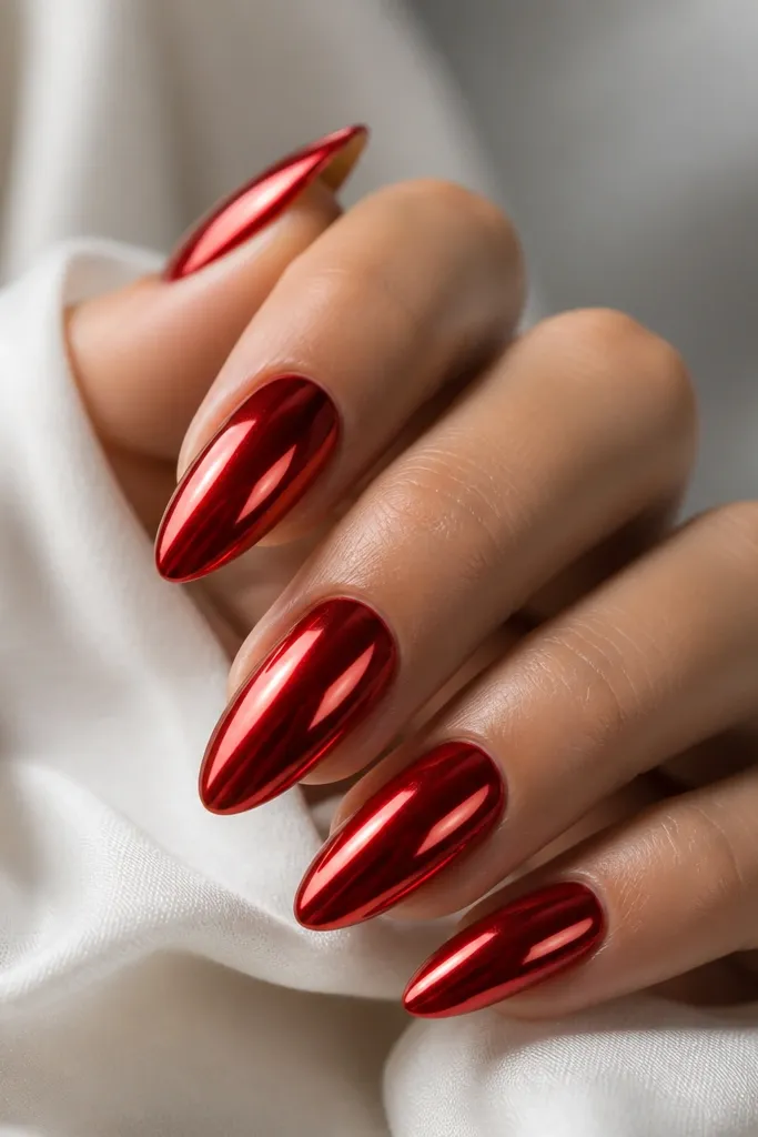 Almond nails coated in red chrome powder with a mirror finish; bright highlights curve along the nail surface.