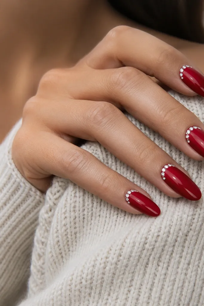 Glossy cherry red almond nails with a thin line of small clear rhinestones wrapping the cuticle edge on each nail.