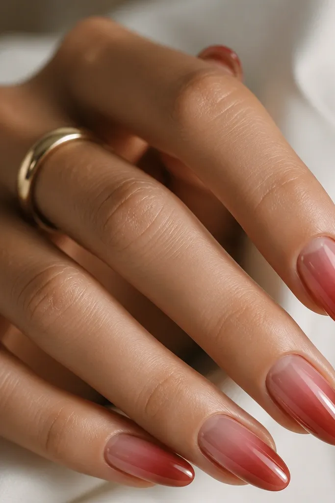 Almond nails with a pearlized blush sheen at the base and a semi-sheer cherry red overlay that looks like a soft gradient; glossy finish.