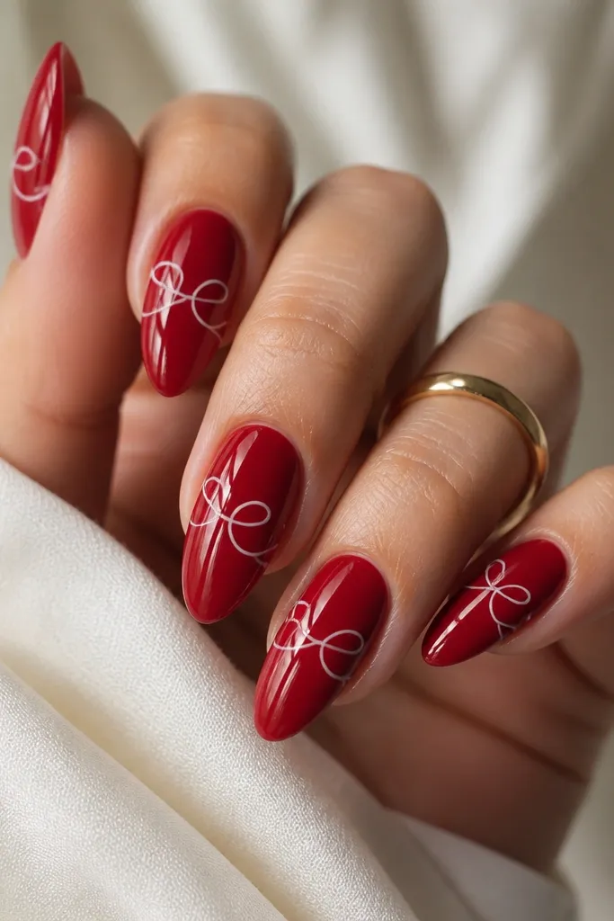Glossy cherry red almond nails with thin white swirl lines that loop across the center in a loose ribbon pattern.