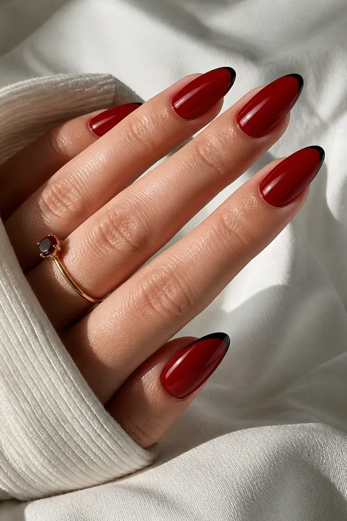 Almond nails with a glossy cherry red base and a thin black French tip; clean, sharp edges.