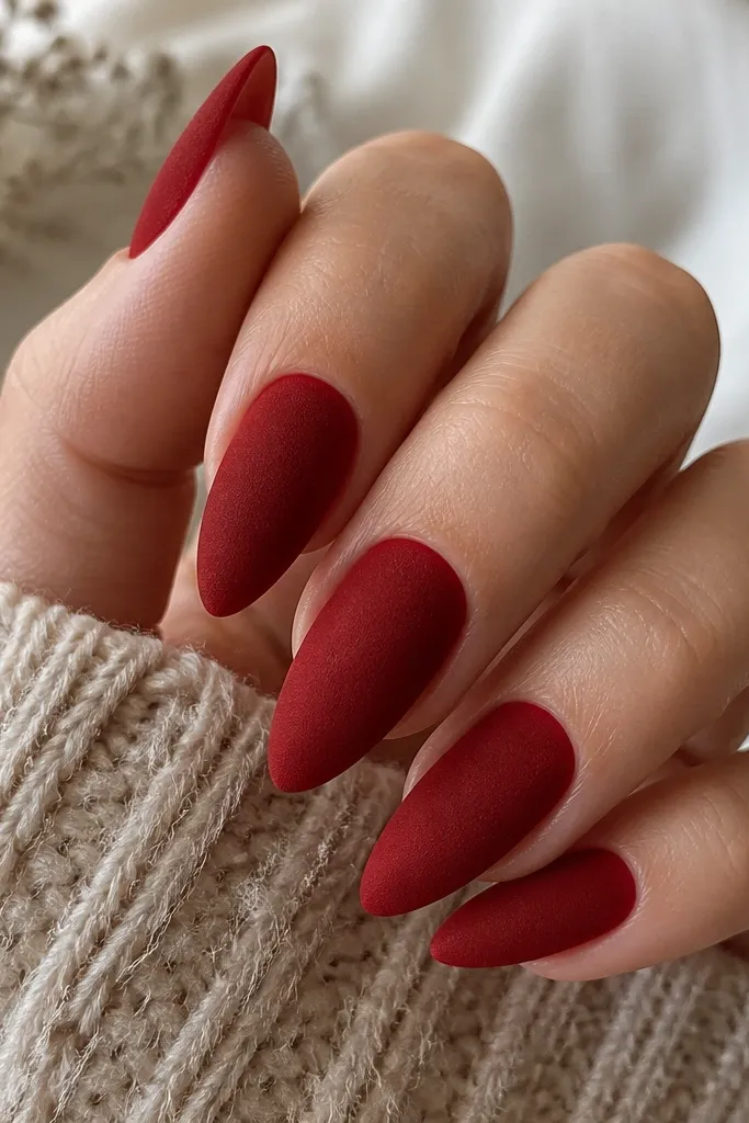 Almond nails finished in a soft velvet matte cherry red; the surface looks fuzzy-satin, no shine except natural light reflection.