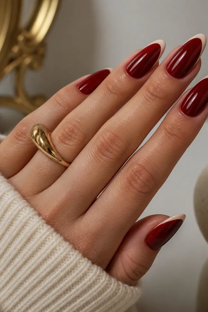 Almond nails with a deep red base, and a creamy nude French tip that's thin and precise, the nude line follows the almond curve and looks like a clean smile.