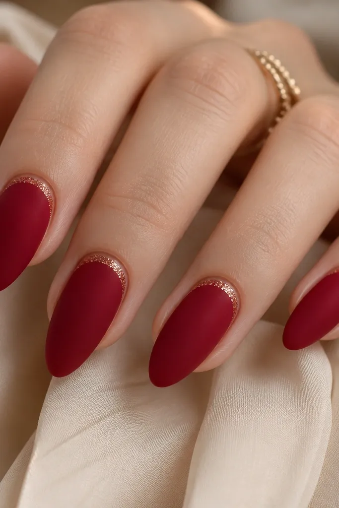 Almond nails with a matte red velvet finish, and a thin halo of micro-glitter around the cuticle area on each nail, glitter is concentrated in a small crescent right above the skin line.