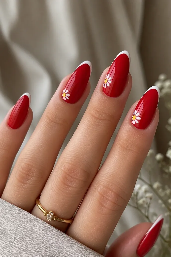 Almond nails with a glossy red base and a thin white French tip, tiny white daisy flowers sit near the tip on two accent nails, each flower has a small yellow dot center.