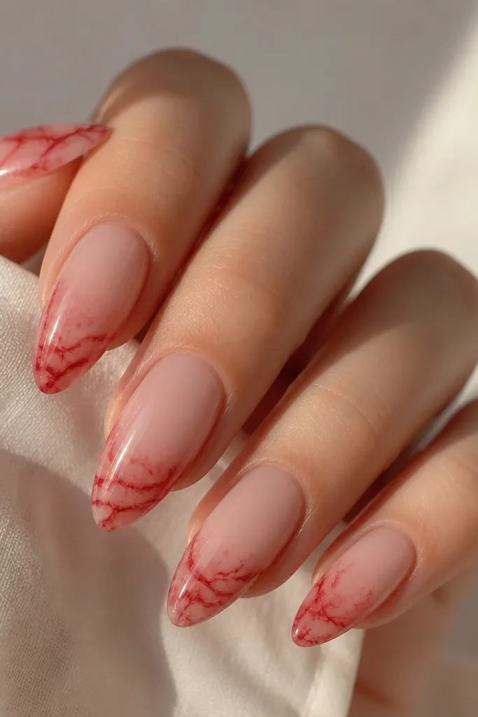 Almond nails with a nude base, and red marble veining concentrated at the tips, the marble pattern looks like thin smoky lines with a glossy finish.